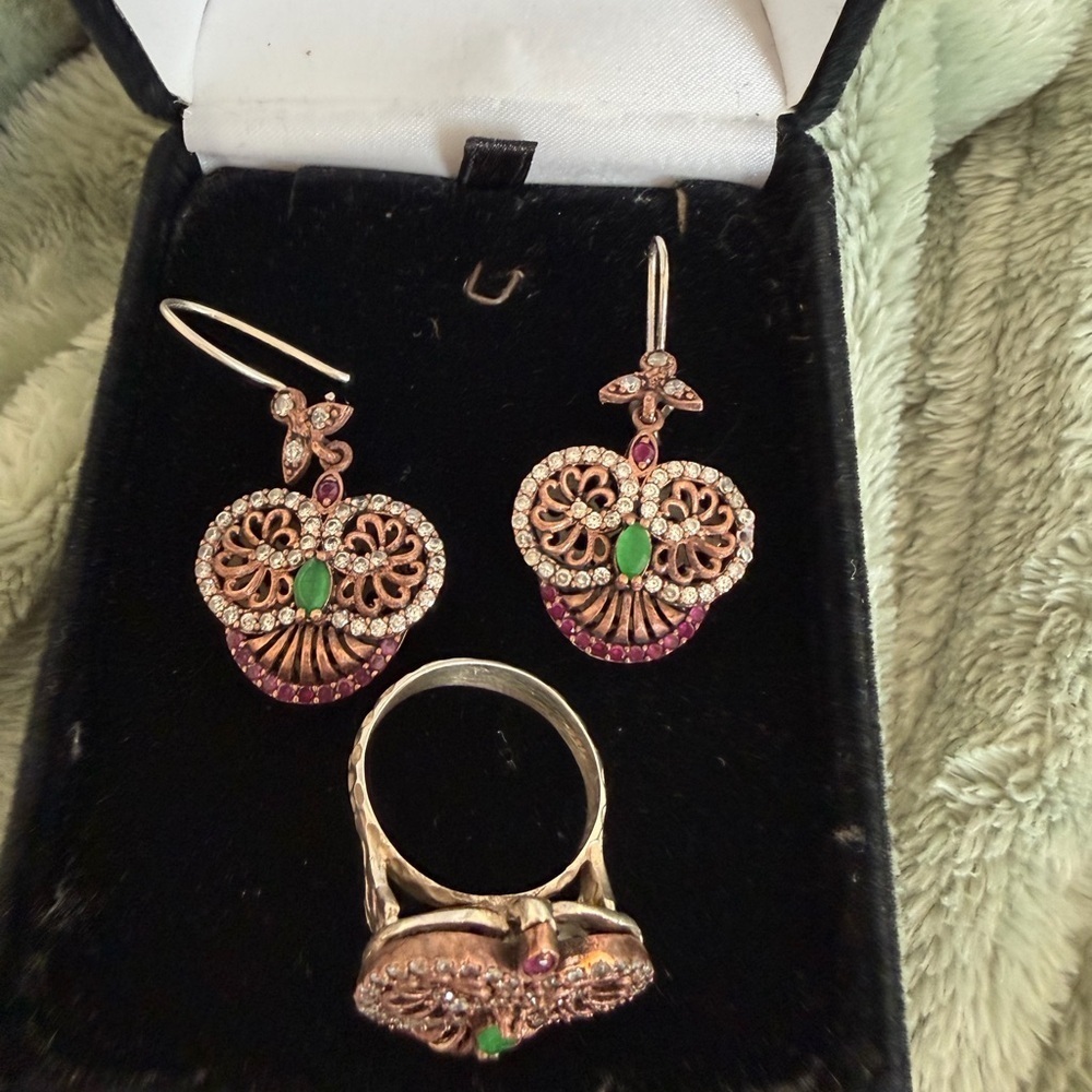 Antique Sterling Silver Owl Earrings and Ring Set with rubies and emerald - Picture 1 of 10